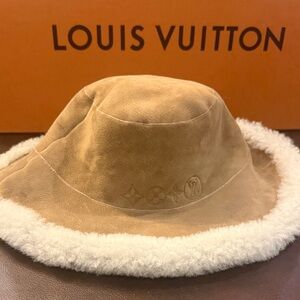 Louis Vuitton Tan Suede Bucket Hat with Cream Shearling Trim